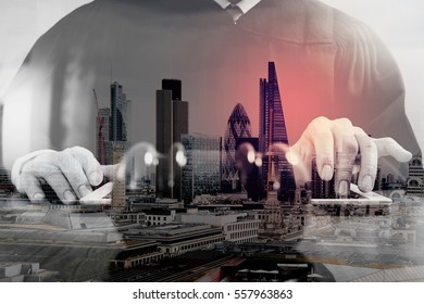 double exposure of justice and law concept.Male judge in a courtroom with the gavel,working with digital tablet computer on wood table,London architecture city