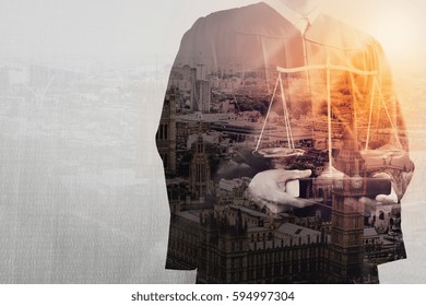 Double exposure of justice and law concept.Male judge in a courtroom with the balance scale and holy book,London city  - Powered by Shutterstock