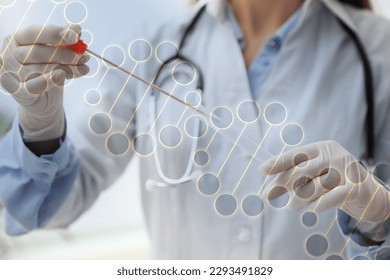 Double exposure of laboratory worker with buccal cotton swab and tube for genetic testing and illustration of DNA structure - Shutterstock ID 2293491829