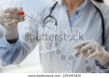 Double exposure of laboratory worker with buccal cotton swab and tube for genetic testing and illustration of DNA structure