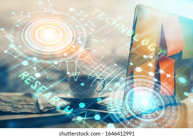Double exposure of laptop computer and technology theme hologram. Concept of freelance work. - Shutterstock ID 1646412991