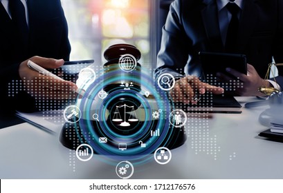 Double Exposure Of Law, Advice And Legal Services Concept.  Law Virtual Screen Interface Icons, Soft Focus.