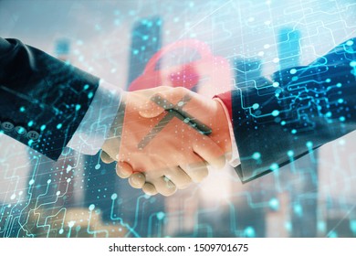 Double exposure of lock icon hologram on city view background with two people handshake. Concept of safe business