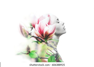 Double exposure made with young nude beautiful woman with healthy skin and spring magnolia flowers, isolated.