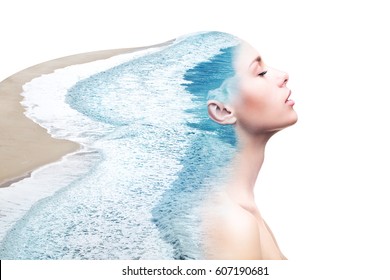 Double Exposure Made Of Young Nude Beautiful Woman With Healthy Skin And Ocean Coast. Beauty Of Woman, Healthy Skin, Water Balance, Inner Harmon Concept. Place For Text.