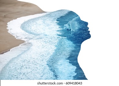 Double Exposure Made Of Young Nude Beautiful Woman With Healthy Skin And Ocean Coast. Beauty Of Woman, Healthy Skin, Water Balance, Harmony Concept. Place For Text.