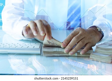 Double Exposure Male Banker And Counting Banknotes And Record Cash Amount By Laptop On The White Table On White Background, Concept Business And Financial. 