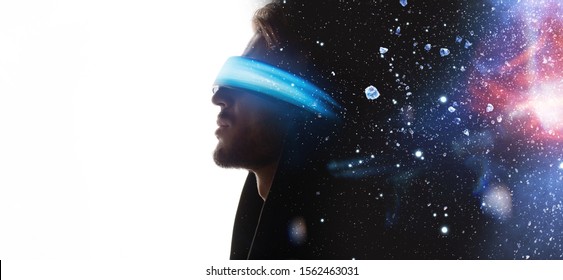 Double Exposure Of Male Face. Abstract Man Portrait. Digital Art. Guy In Glasses Of Virtual Reality. Augmented Reality, Dream, Future Technology, Game Concept. VR.