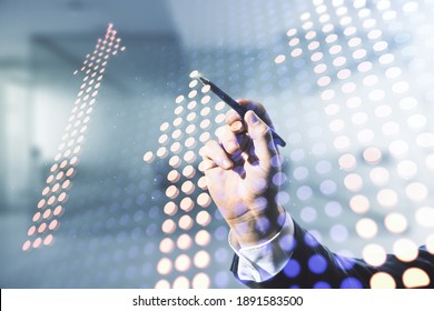 Double Exposure Of Male Hand With Pen Draws Abstract Virtual Upward Arrows Hologram On Blurred Office Background. Ambition And Challenge Concept