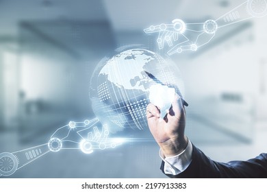 Double Exposure Of Male Hand With Pen Draws Abstract Virtual Robotics Technology With World Map Hologram On Blurred Office Background. Research And Development Software Concept