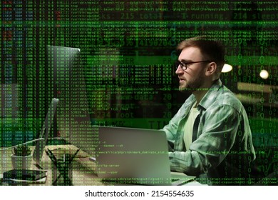 Double exposure of male programmer at workplace and computer code - Shutterstock ID 2154554635