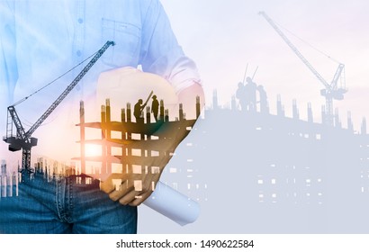 Double Exposure Man Architect Silhouette Construction Building And Sunset To Background