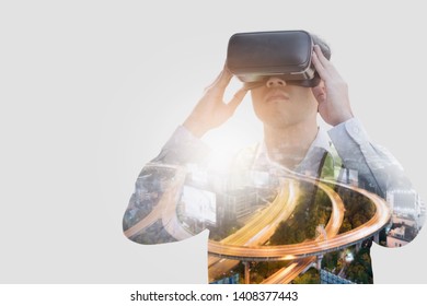 Double exposure man with glasses of virtual reality. Future technology and transport concept.import export  - Powered by Shutterstock