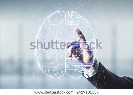 Double exposure of man hand presses on creative artificial Intelligence interface on blurred office background. Neural networks and machine learning concept