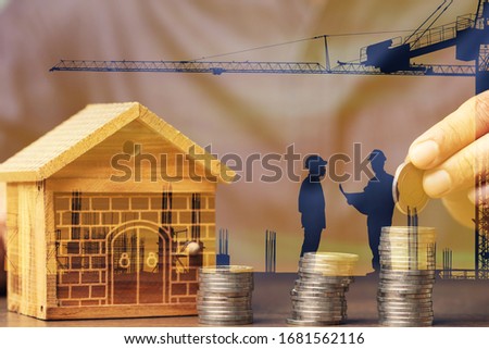 Double exposure Man hand putting coin to save money buy a house and super car, Business concept.