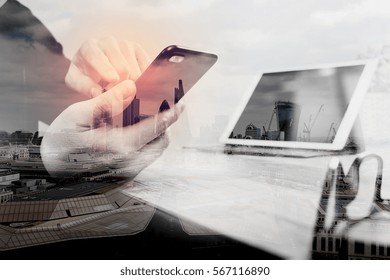 Double Exposure Of Man Hand Using VOIP Headset With Digital Tablet Computer Docking Keyboard,smart Phone,concept Communication, Call Center And Customer Service Help Desk,London Architecture City