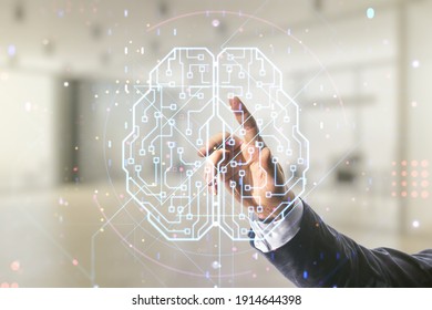 Double Exposure Of Man Hand Working With Creative Human Brain Microcircuit Hologram On Blurred Office Background. Future Technology And AI Concept