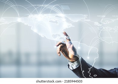 Double exposure of man hand working with abstract digital world map hologram with connections on blurred office background, big data and blockchain concept