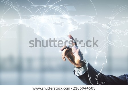 Double exposure of man hand working with abstract digital world map hologram with connections on blurred office background, big data and blockchain concept