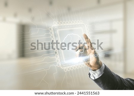 Double exposure of man hand working with creative human brain microcircuit hologram on blurred office background. Future technology and AI concept