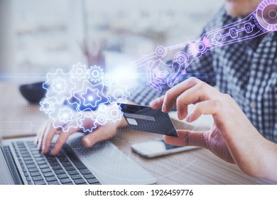 Double Exposure Of Man Hands Holding A Credit Card And Data Theme Drawing. E-commerce And Technology Concept.