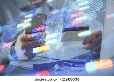 Double exposure of man hands holding a credit card and data theme drawing. E-commerce and technology concept. - Shutterstock ID 2124580085