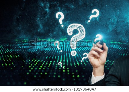 Double exposure of man hands with question marks. Consept of asking and searching information.