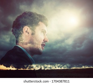 Double Exposure Of A Man With Landscape That Are Storm, Dark Moody