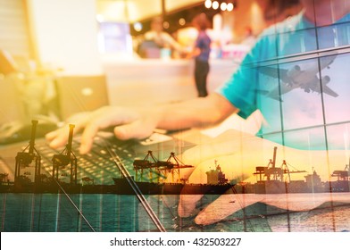 Double Exposure Of Man With Laptop Computer In Food Plaza Or Coffee Shop And Transportation Scene, Airplane, Port With Power Crane.