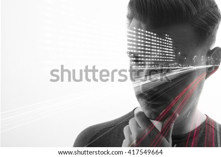 Double Exposure of Man and light trails