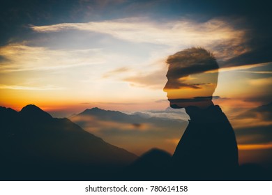 double exposure of man on mountain background, concept - Shutterstock ID 780614158