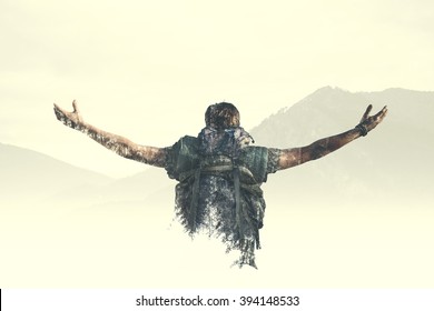 Double exposure man reach the top of the mountain - Shutterstock ID 394148533