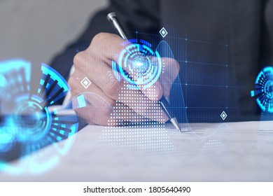 Double exposure of man sign contract on high tech project. Technology hologram. Concept of Partnership. - Shutterstock ID 1805640490