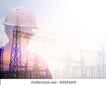 Double Exposure Man Survey And Civil Engineer Stand On Ground Working In A Land Building Site Over Blurred Construction Worker On Construction Site. Examination, Inspection, Survey