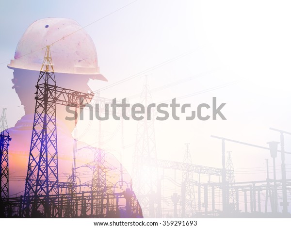 Double exposure man\
survey and civil engineer stand on ground working in a land\
building site over Blurred construction worker on construction\
site. examination, inspection,\
survey