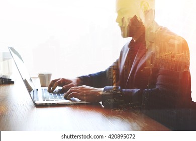 Double exposure of man trader dressed in corporate suit is analyzing financial market via laptop computer. Skilled businessman keyboarding e-mail letter while using net-book. High technology concept 
