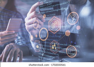 Double exposure of man and woman on-line shopping holding a credit card and data theme hologram drawing. Ai and E-commerce pay on-line concept. - Powered by Shutterstock - Get 15% off with code: PIKWIZARD15