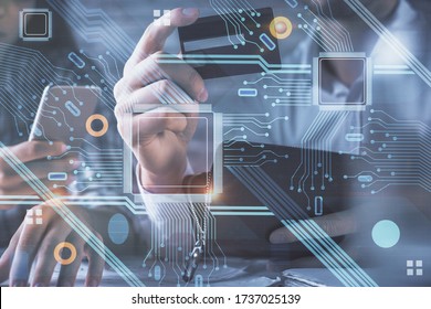 Double exposure of man and woman on-line shopping holding a credit card and data theme hologram drawing. Ai and E-commerce pay on-line concept. - Shutterstock ID 1737025139