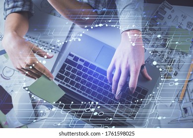 Double exposure man   woman working together   data theme hologram drawing  Computer background  Top View 