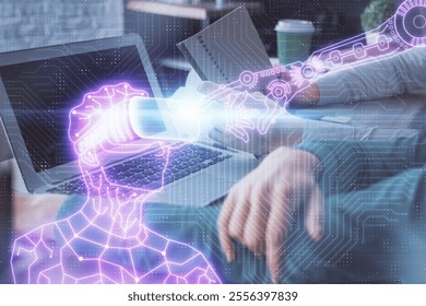 Double exposure of man and woman working together and human in ar, vr glasses hologram drawing. Technology virtual reality concept. Computer background. - Powered by Shutterstock