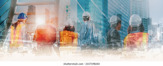 Double exposure manager engineer professional team,stand back view on construction building,city landscape background,site construction engineering project,duty in work site,panaromic header banner  - Shutterstock ID 2157198243