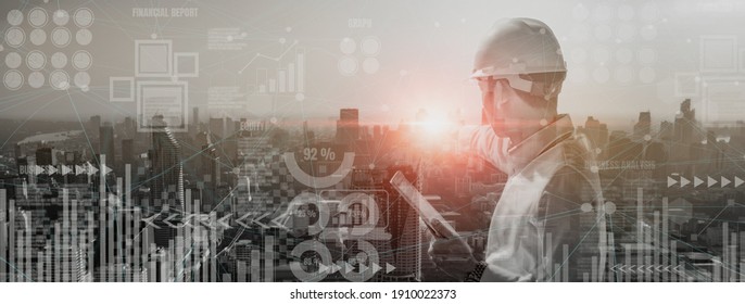 Double Exposure Manager Engineer Professional,stand  Back View On Construction Building,city Landscape Background,site Construction Engineering Project,stock Chart And Graph,banner Header Panorami