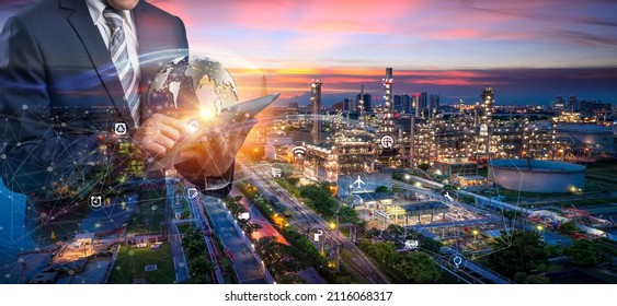 Double exposure Manager Technical Industrial Engineer working   control and oil   gas refinery industry plant background  Industry 4 0 concept  Smart factory solution   Internet things 