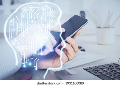 Double Exposure Of Man's Hand Holding And Using A Digital Device And Brain Hologram Drawing. Data Concept.