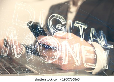 Double exposure of man's hands holding and using a phone and crypto currency blockchain theme drawing. - Shutterstock ID 1900766863