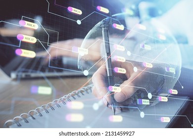 Double exposure of map drawing over people taking notes background. Concept of international connection