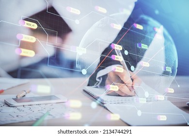 Double exposure of map drawing over people taking notes background. Concept of international connection