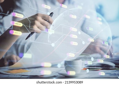 Double exposure of map drawing over people taking notes background. Concept of international connection