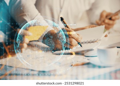 Double exposure of map drawing over people taking notes background. Concept of international connection