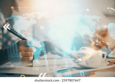Double exposure of map drawing over people taking notes background. Concept of international connection